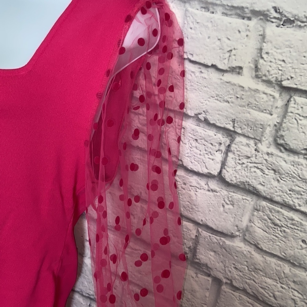 Eesome 1X Hot Pink Polka Dot Sheer Sleeve Blouse - Picture 7 of 15